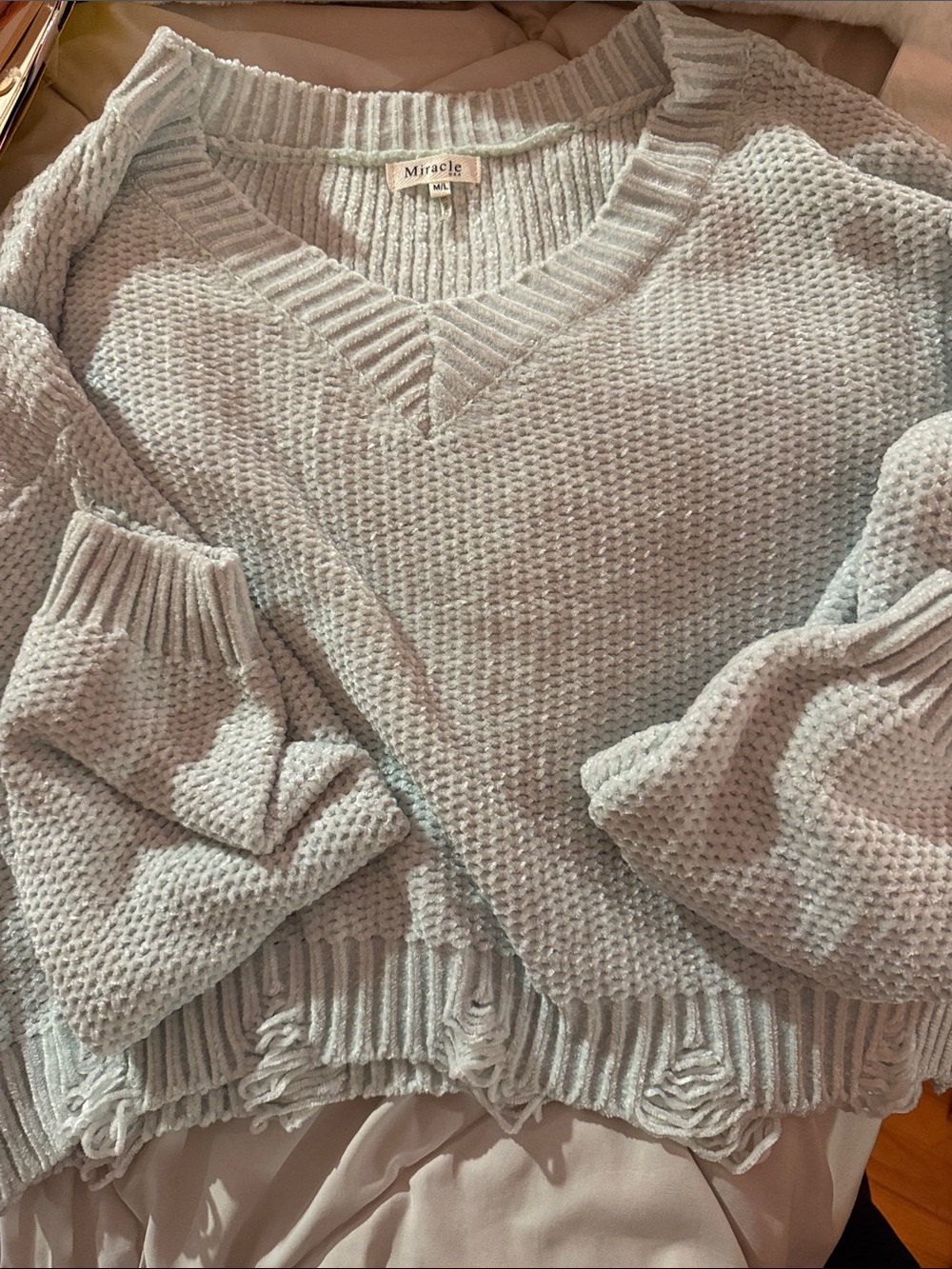 Miracle Pale Green/Blue V-Neck Waffle Knit Sweater